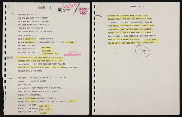 Lot Detail - Stevie Nicks Hand Annotated "Dreams" Typed Lyrics