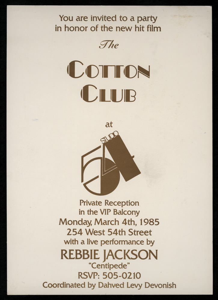 Lot Detail - Studio 54 Original Invitation for the Film "Cotton Club"  Featuring Rebbie Jackson Performing "Centipede"