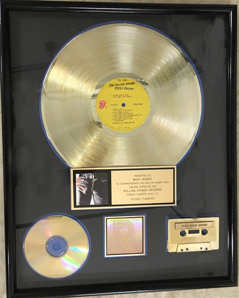 Rolling Stones Gold RIAA Album, Cassette and CD Award For “Sticky Fingers” Presented To Mick Jagger