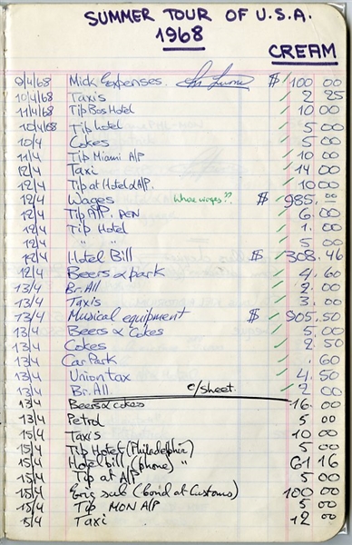 Cream 1968 Summer and "Farewell" Tours Original Signed Expense Ledger