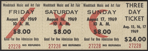 1969 Woodstock Music and Art Fair Original Three-Day Festival Ticket