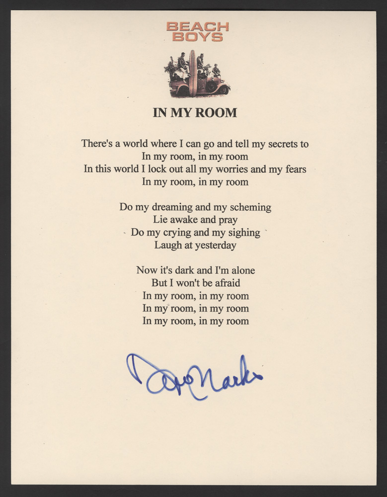 Lot Detail Beach Boys David Marks Signed In My Room Lyrics