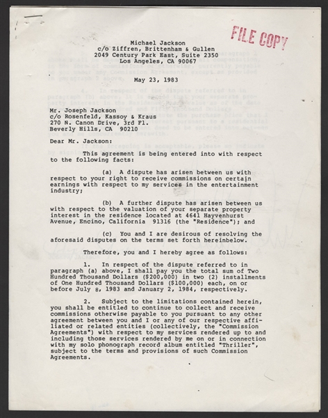 Michael Jackson Original Agreement File Copy Concerning Commissions Owed To His Father Joe Jackson and Purchase of his Fathers Interest in their Hayvenhurst Family Home