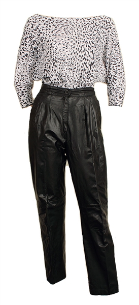 Janet Jackson Owned & Worn Black Leather Pleated Pants and Leopard Print Shirt with Suede Leopard Ankle Boots