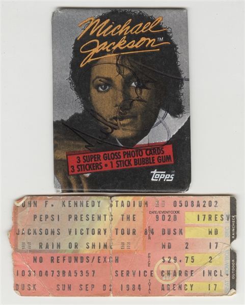 Michael Jackson Signed Topps Trading Card Pack and Original Victory Tour Ticket