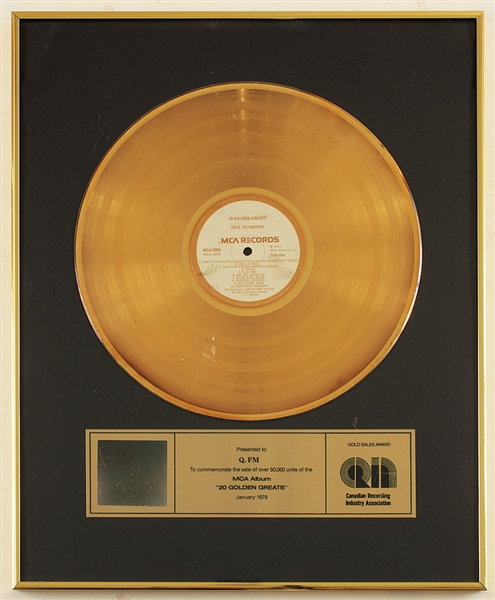Neil Diamond "20 Golden Greats" Original CRIA Gold Album Award