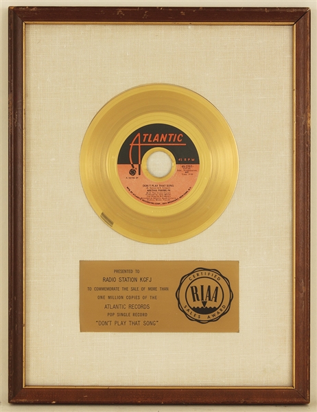 Aretha Franklin "Dont Play That Song" Original RIAA White Matte Gold Pop Single  Record Award