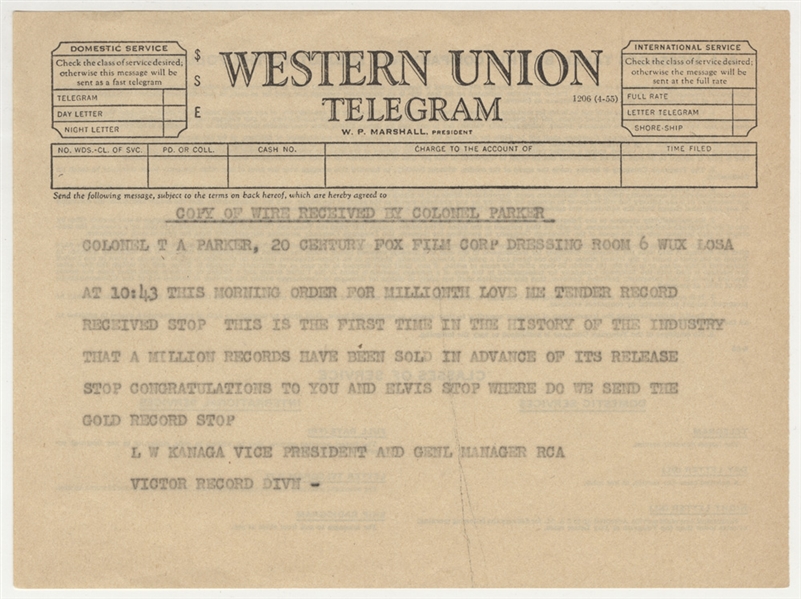 Elvis Presley "Love Me Tender" Original Western Union Telegram from RCA Records