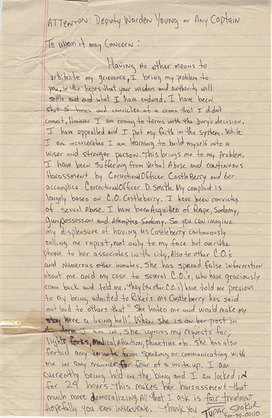 Tupac Shakur Two-Page Handwritten & Signed Letter From Prison to the Deputy Warden