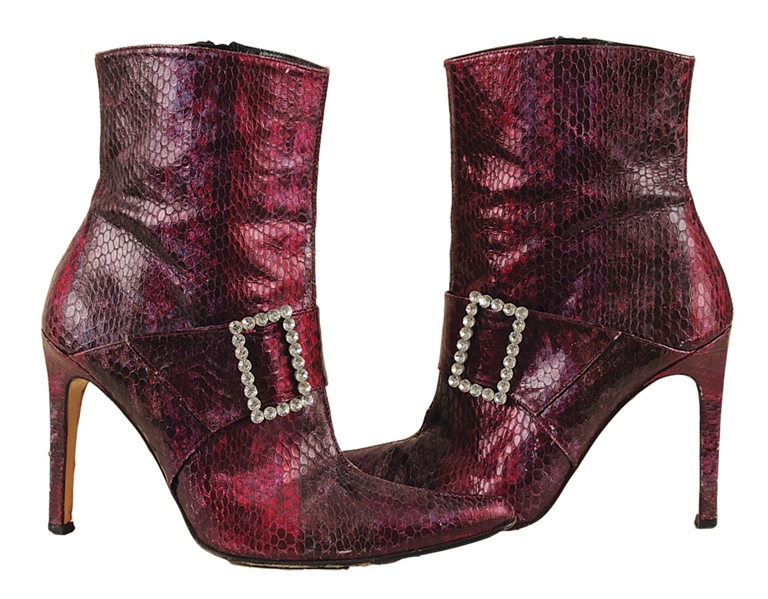 Beyoncé Owned and Worn Purple Leather Stiletto Ankle Boots With Rhinestone Buckles