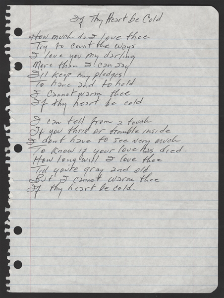 Johnny Cash Handwritten "If They Heart Be Cold" Unreleased Lyrics