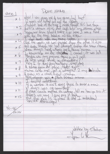 Tupac Shakur "Dear Mama" Handwritten and Signed Lyrics