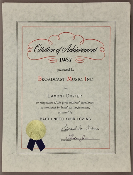 "Baby I Need Your Loving" Original 1967 BMI Citation of Achievement Presented to Lamont Dozier