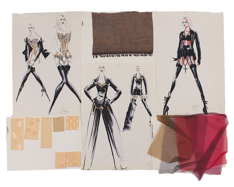 Madonna "Blond Ambition Tour" Original Archive of 32 Jean-Paul Gaultier Hand Drawn Iconic Costume Designs and Swatches