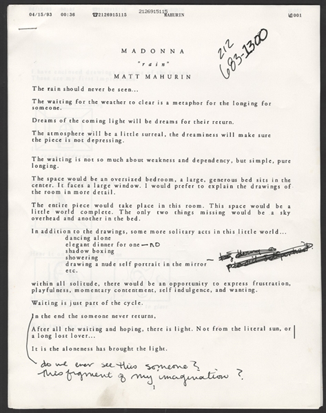 Madonna Original Notes for her Video "Rain"