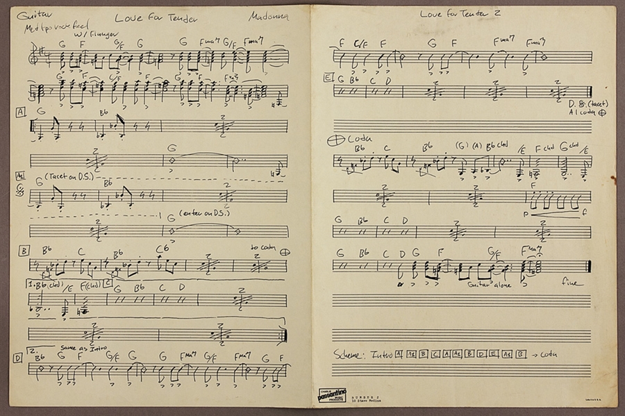 Madonna Signed 1980 Original "Love For Tender" Musical Score for her Band "Emmy" 