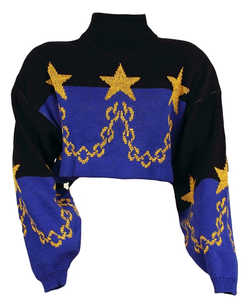 Janet Jackson Owned and Worn Black, Blue and Gold Turtleneck Cropped Sweater with Stars