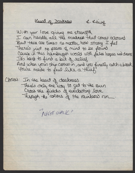 Corky Laing "Heart of Darkness" Handwritten & Signed Lyrics