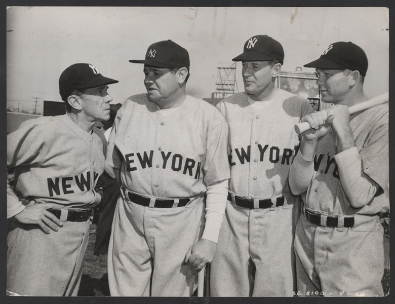"Murderers Row" Babe Ruth, Bob Muesel and Bill Dickey Original "Pride of the Yankees" Wire Stamped Photograph