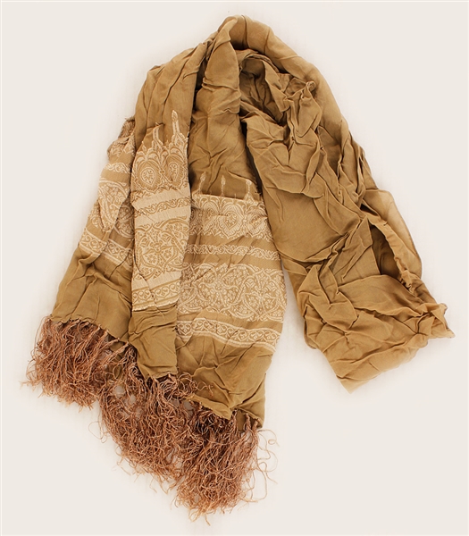Michael Jackson Owned and Worn Tan scarf with White Design and Fringe