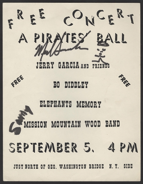 Pirate’s Ball Original Concert Handbill, with Jerry Garcia and Friends. Signed by Merl Saunders, with drawing, and concert promoter Sandy 