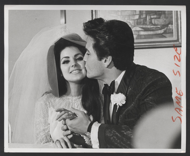 Elvis and Priscilla Presley Original Wedding Day Wire Photograph