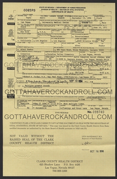 Tupac Shakur Certified Original Death Certificate 