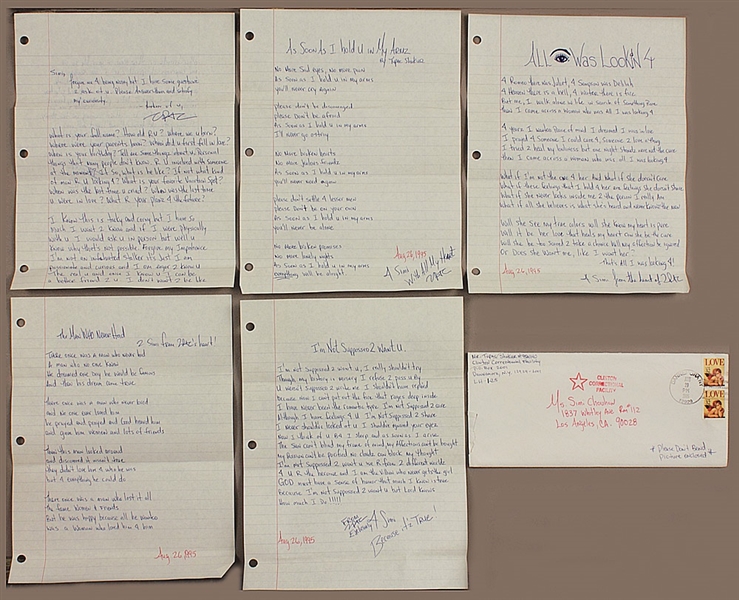 Tupac Shakur Twice-Signed Passionate Two-Page Handwritten Love Letter with Four Handwritten and Signed Love Poems/Song Lyrics from Prison