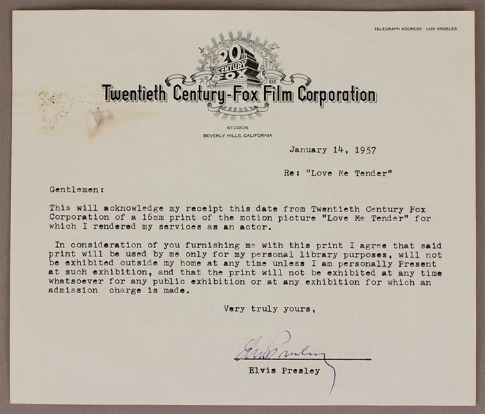 Elvis Presley Signed "Love Me Tender" Acknowledgment of Receipt on Twentieth Century Fox Letterhead 