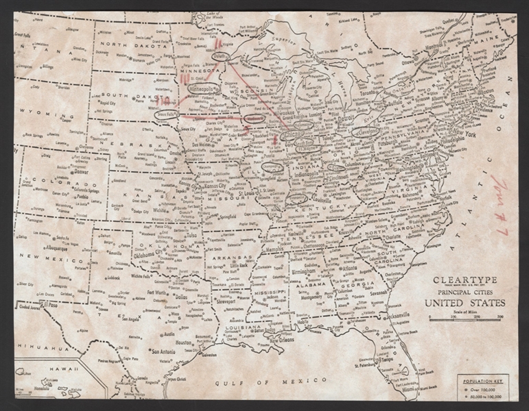 Elvis Presley Hand Annotated Concert Tour Map