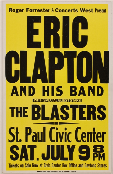 Eric Clapton Original St. Paul Civic Center Cardboard Concert Poster