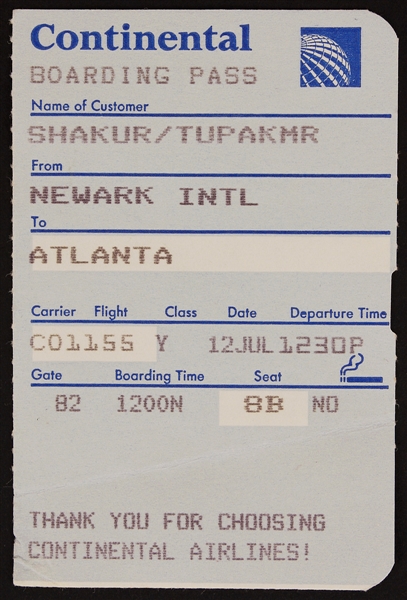 Tupac Shakur Original Continental Airlines Boarding Pass  Circa Early 90s