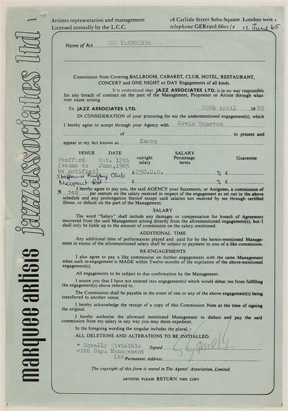 The Yardbirds Original 1965 Performance Contract 