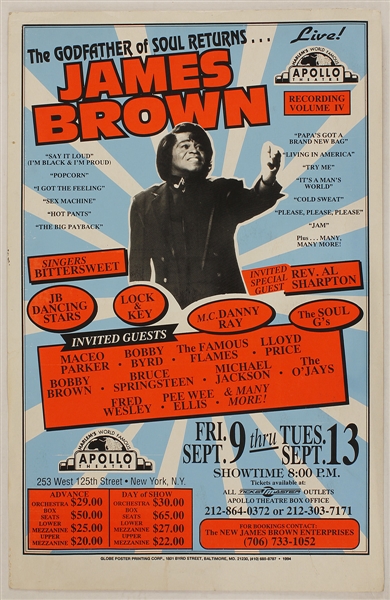 James Brown Original Apollo Theater Concert Poster Featuring Michael Jackson and Bruce Springsteen
