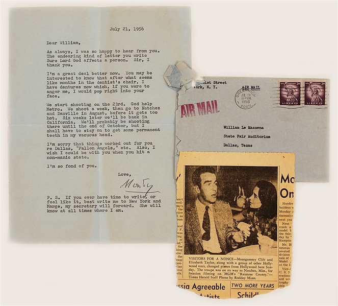 Montgomery Clift Signed Love Letter to William LeMassena with Envelope and News Clipping