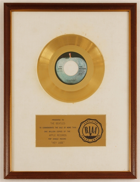 "Hey Jude" Original RIAA White Matte Gold Record Award Presented to The Beatles