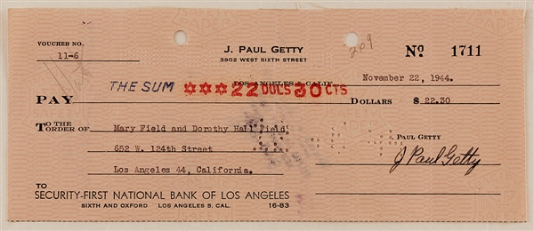 John Paul Getty Original 1944 Signed Check