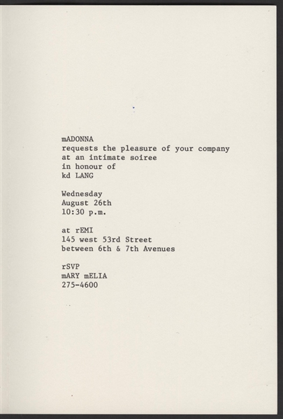 Madonnas Personal Original Invitation for Her Party Honoring K.D. Lang