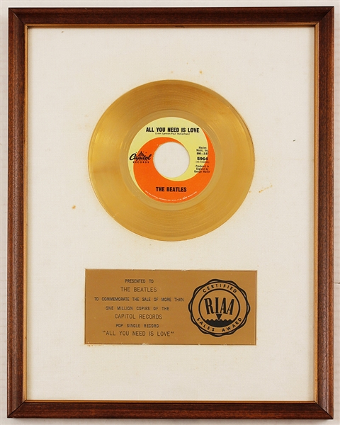 Beatles "All You Need Is Love" Original RIAA White Matte Gold Single Record Award Presented to The Beatles
