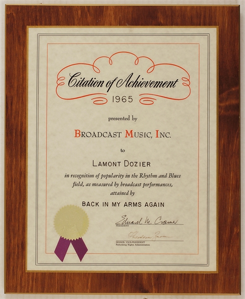 BMI Original Award for "Back In My Arms Again" Presented to Lamont Dozier