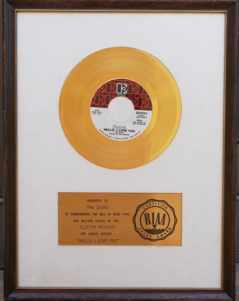 The Doors “Hello, I Love You” Original RIAA White Matte 45 Gold Record Award Presented to The Doors 