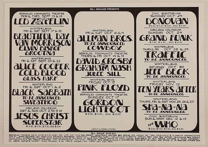 Led Zeppelin/Pink Floyd/Allman Brothers Band Original 1970 Concert Poster