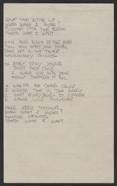 INXS Michael Hutchence "Stay Young" Handwritten Working Lyrics