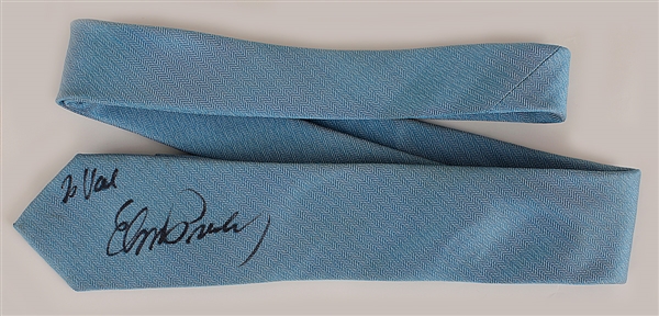 Elvis Presley Owned, Worn, Signed & Inscribed Blue Necktie