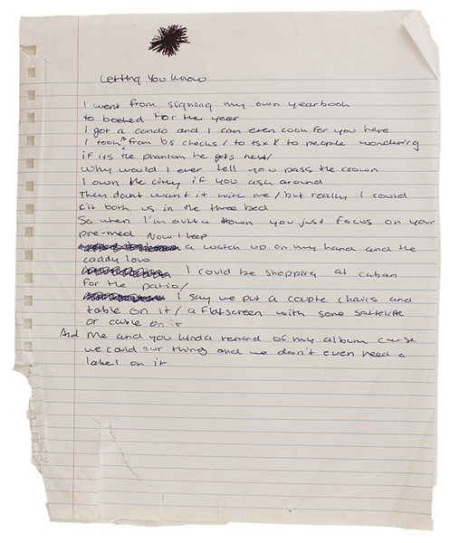 Drake Handwritten Working Lyrics Titled "Letting You Know"
