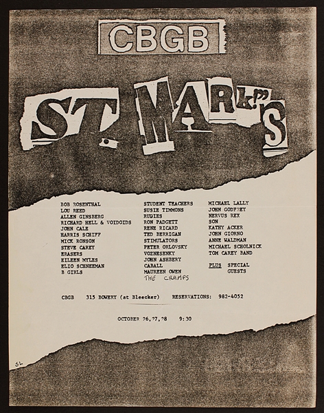 C.B.G.B.s Circa 1977 Concert Flyer Featuring Lou Reed/John Cale/The Cramps and More