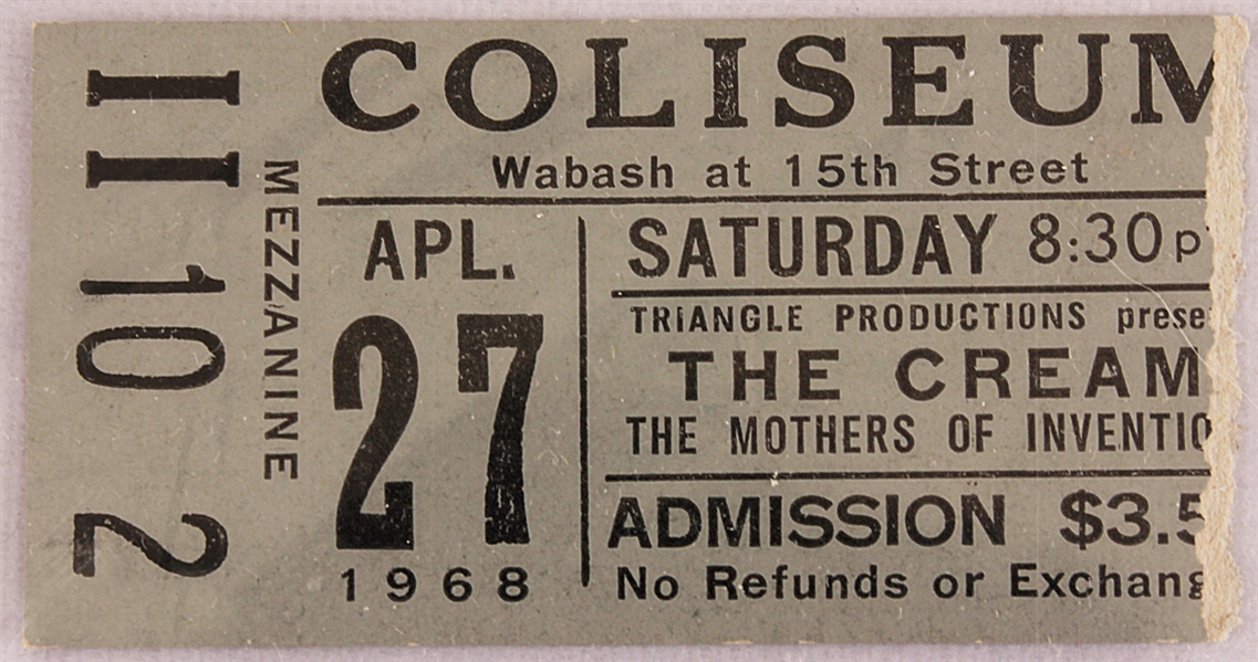 Cream (Eric Clapton) and Frank Zappa Original 1968 Concert Ticket