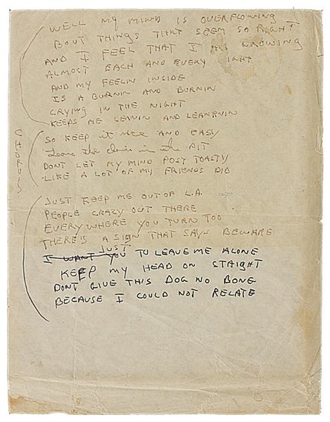Tommy Bolin "Post Toastee" Handwritten Working Lyrics