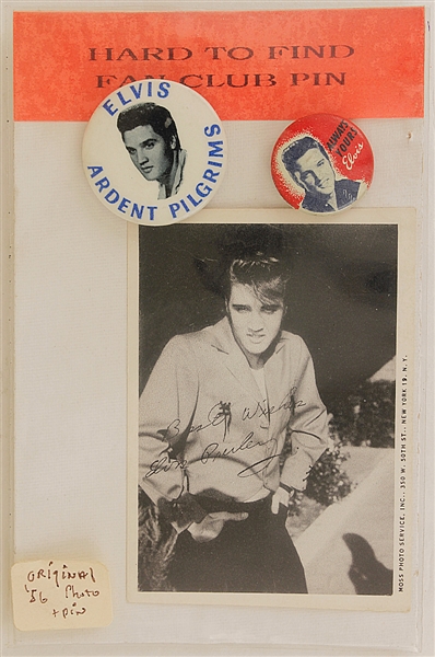 Elvis Presley Rare 1956 Fan Club Buttons and Picture Card with Facsimile Signature