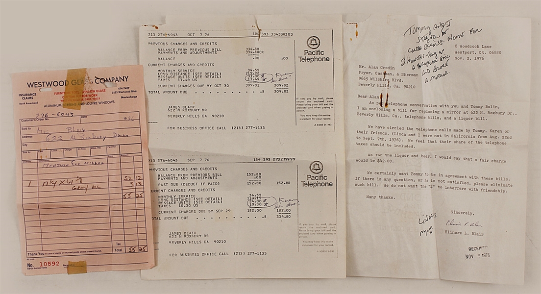 Tommy Bolins Broken Mirror, Telephone Bill and Liquor Bill from When He Lived In Linda Blairs Home in 1976